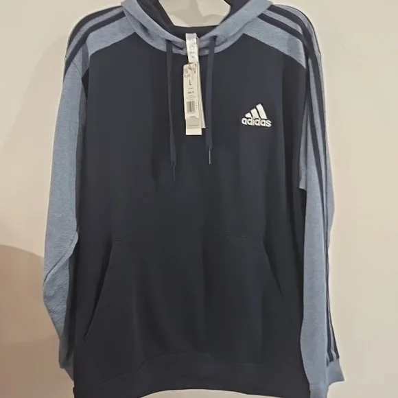 Adidas Hoodie Mens L Blue Black 3 Stripe Pullover Sweatshirt NWT Logo - Picture 3 of 12